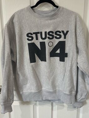 Stussy Light Gray Crewneck Sweater with Black No.4 Logo